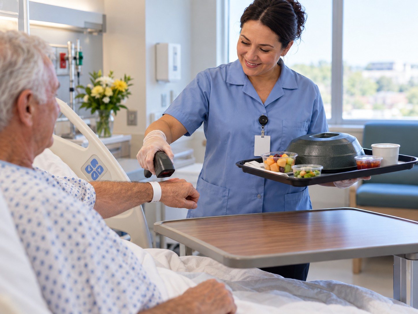 A food service worker holding a meal tray scans the wristband of a patient sitting up in a hospital bed.