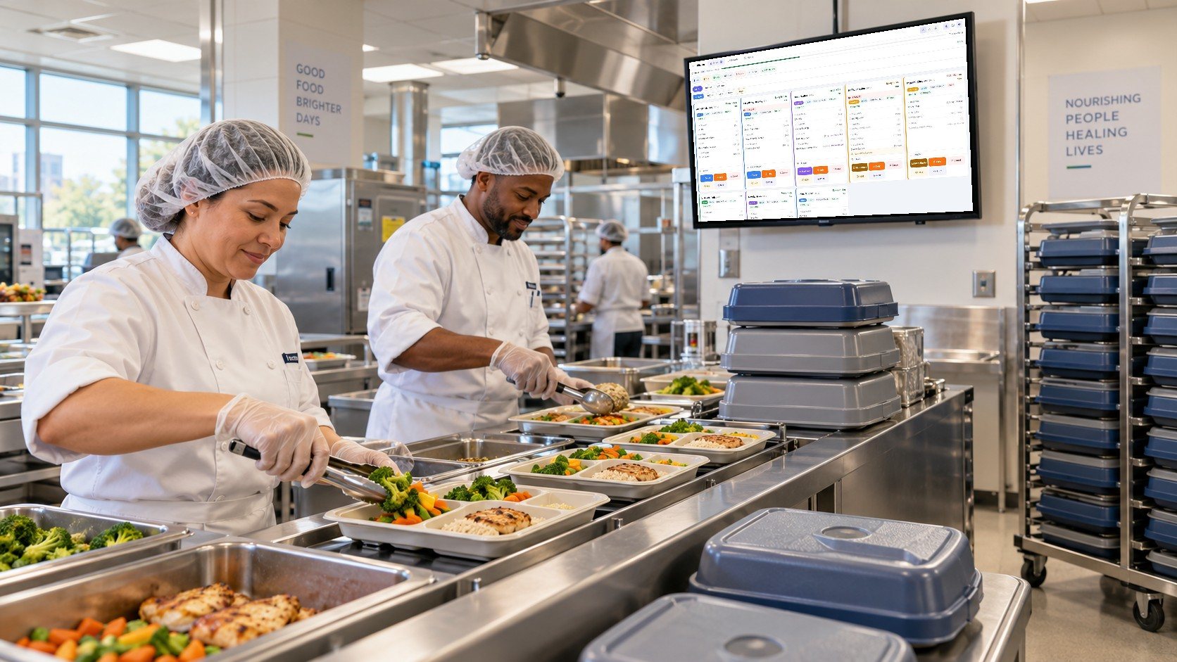 Two cooks in hairnets and gloves plating meals into compartment trays on a hospital tray line, with the Dietech kitchen display on a wall-mounted screen above the line and covered trays stacked on a cart.