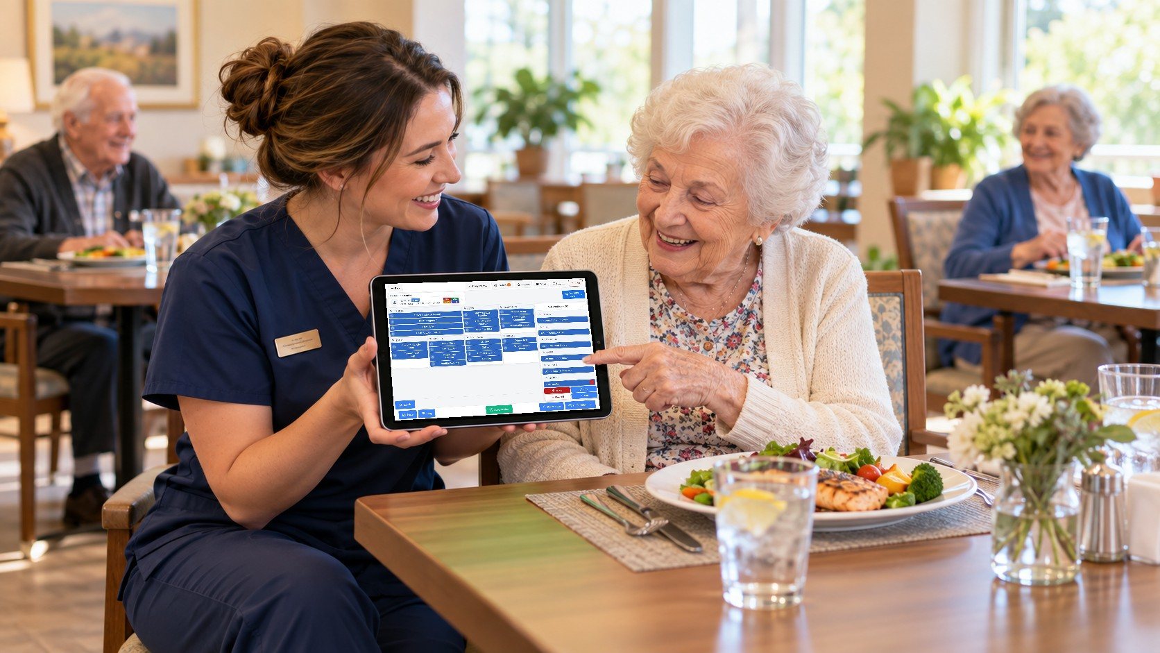 A dietary aide in navy scrubs holds a tablet showing Dietech Selective Touch while a smiling resident at a dining room table points to her lunch choice.