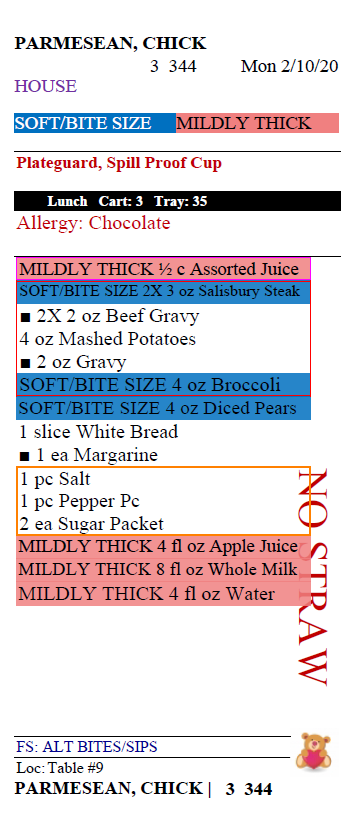 A Dietech tray ticket showing patient name, cart and tray number, an allergy line, IDDSI texture labels, adaptive equipment notes, a NO STRAW warning, and the full meal with portion sizes.