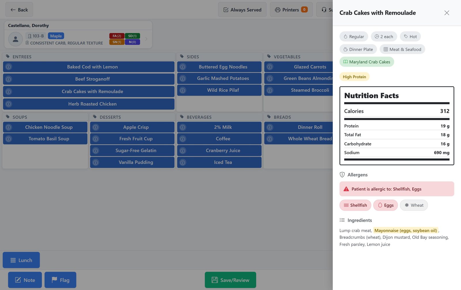 Selective Touch ordering screen with an item information panel open for Crab Cakes with Remoulade, showing nutrition facts and a red banner reading Patient is allergic to: Shellfish, Eggs, with the matching allergens and ingredient highlighted.