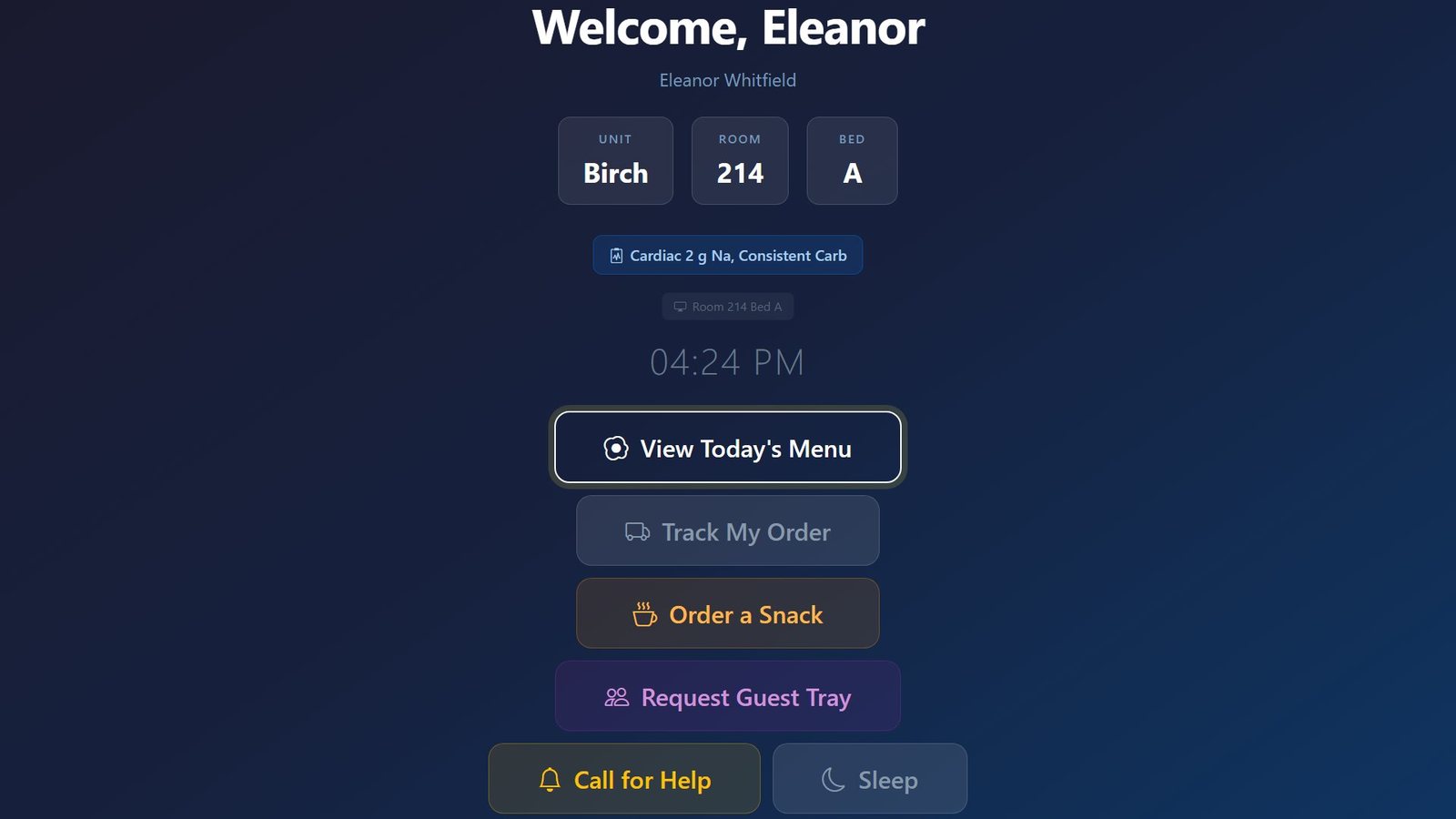 Bedside screen welcoming a patient by name with their room, bed and diet order, and large buttons to view the menu, track an order, request a guest tray or call for help.