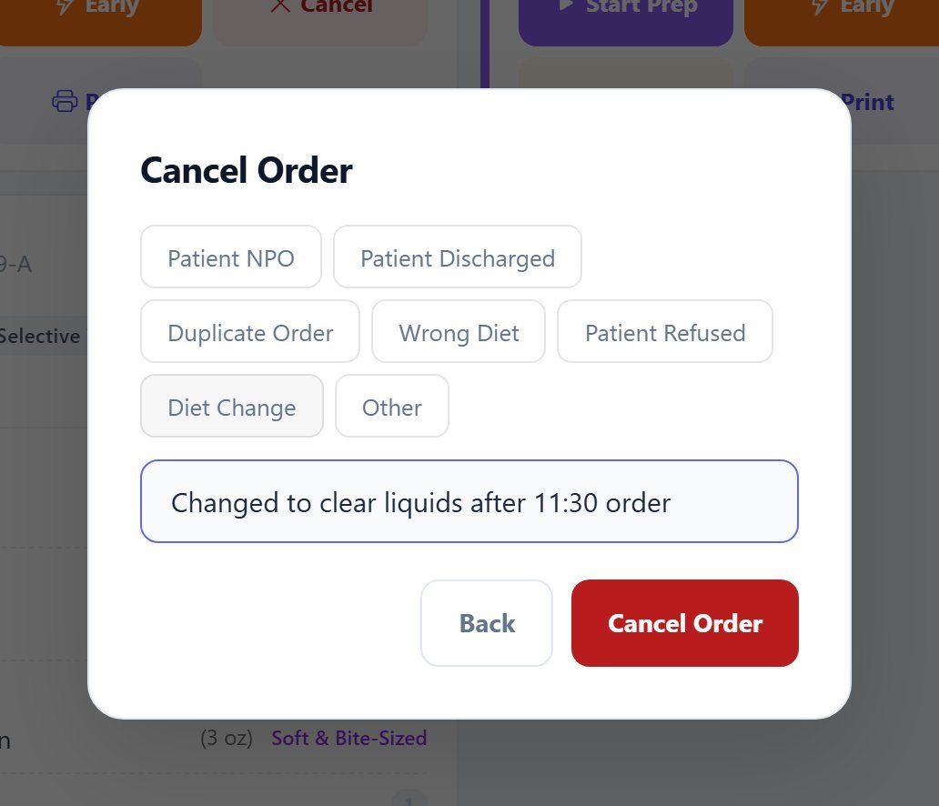 Cancel Order dialog with reason buttons for Patient NPO, Patient Discharged, Duplicate Order, Wrong Diet, Patient Refused, Diet Change and Other, with Diet Change selected and a details field.