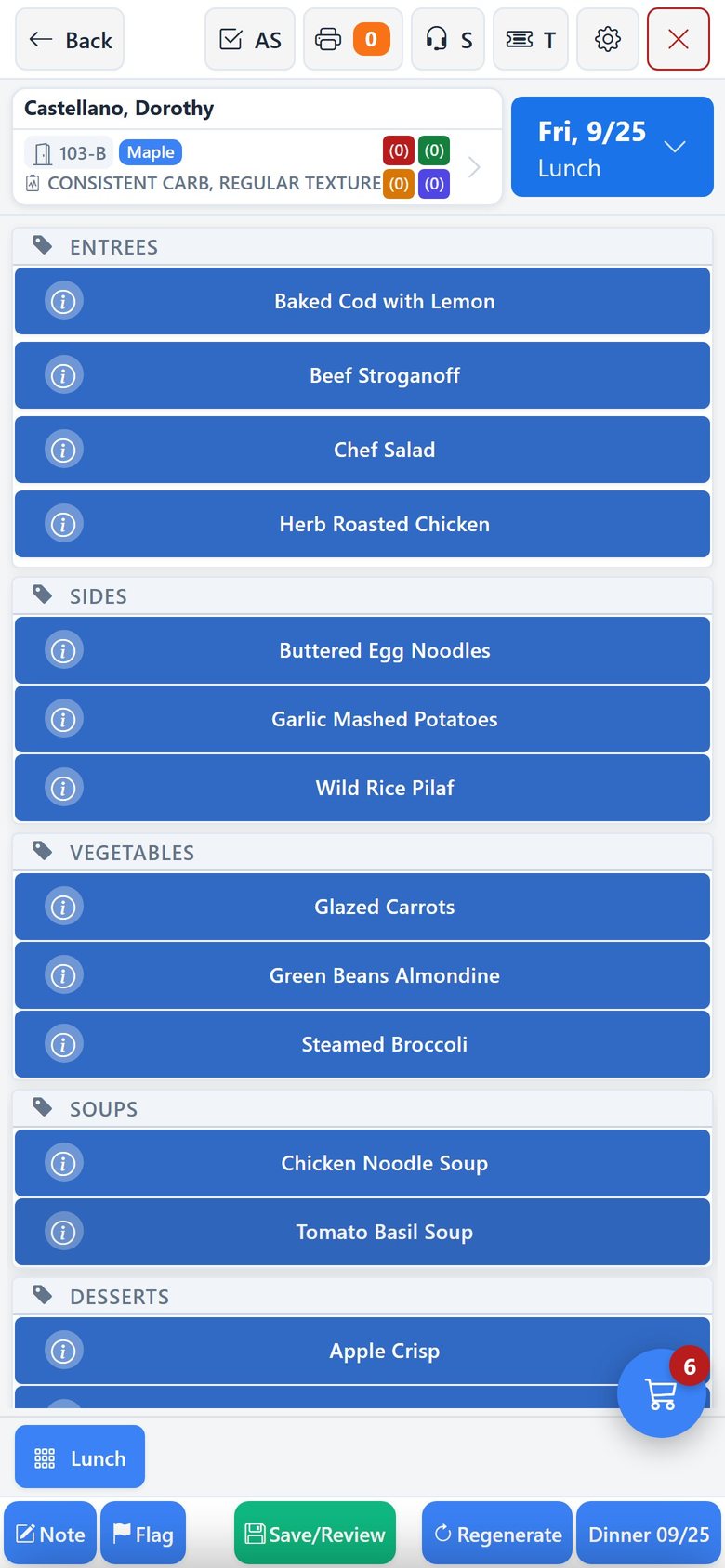 Selective Touch lunch ordering on a phone, with full-width menu buttons stacked by category and a cart button showing six items selected.