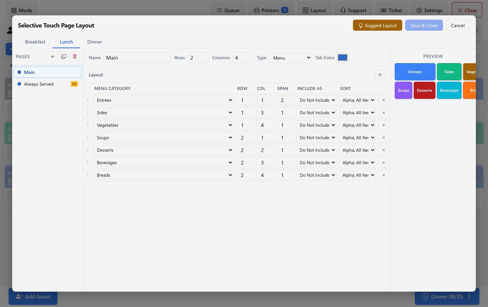 Page Layout editor for lunch listing the Main and Always Served pages, a table placing each menu category by row, column and span, and a colour preview of the tile grid.