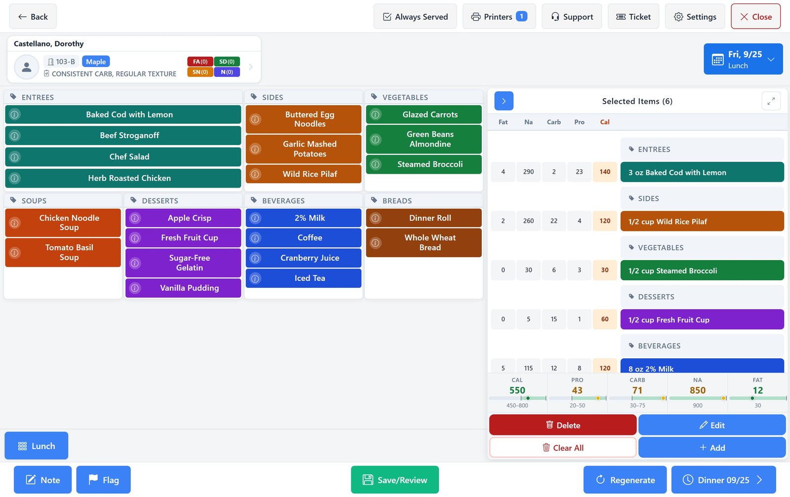 Selective Touch mid-order for a resident on a consistent carbohydrate diet, with colour-coded menu tiles on the left and the selected items on the right, each listing fat, sodium, carbohydrate, protein and calories, above meal totals shown against the prescribed ranges.