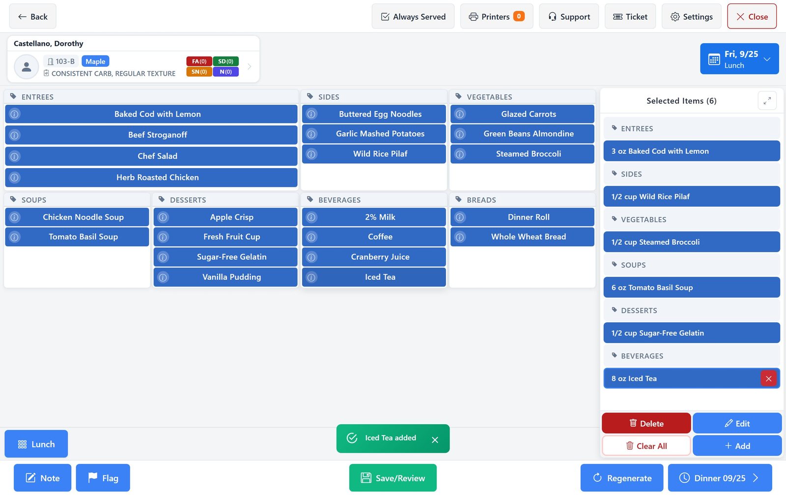 Selective Touch Online ordering screen. Menu categories are laid out as large touch tiles for entrees, sides, vegetables, soups, desserts, beverages, and breads, and the resident's six selected lunch items are listed with portions on the right.