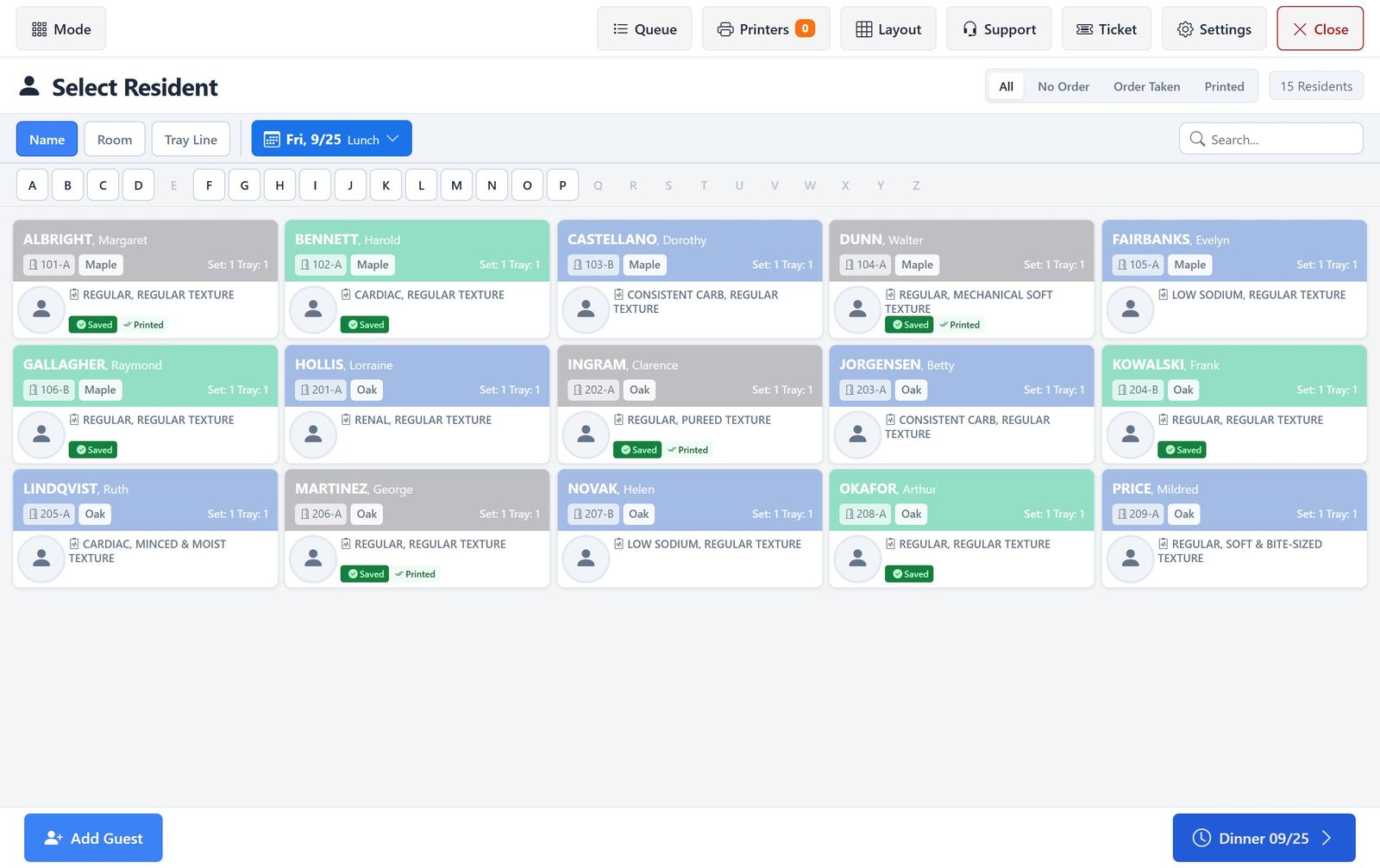 Select Resident screen showing a grid of resident cards with name, room, unit, diet order, and whether the lunch order is saved or printed, with filters for no order, order taken, and printed.