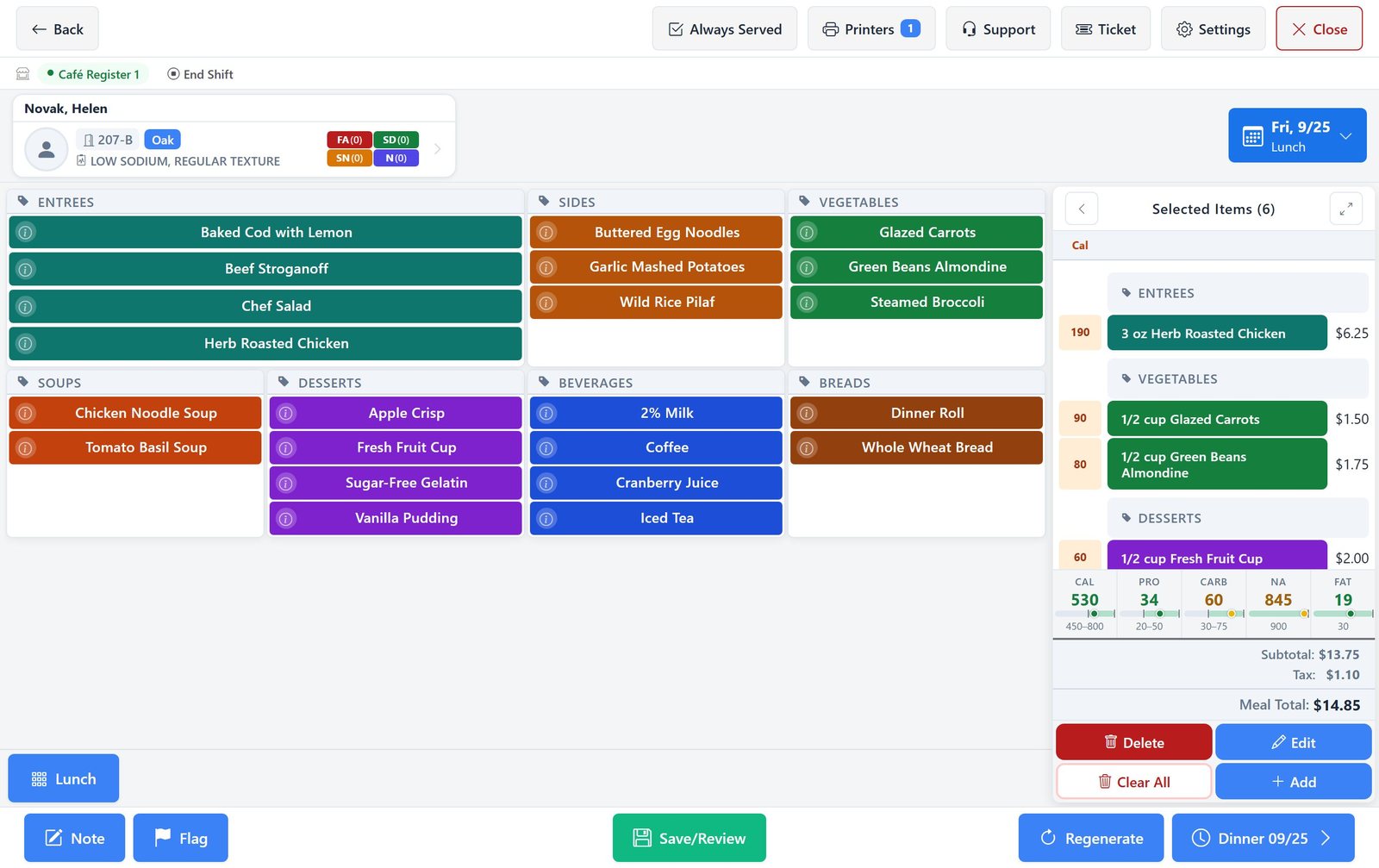 Selective Touch in point-of-sale mode with an open register shift, item prices, tax and a meal total.