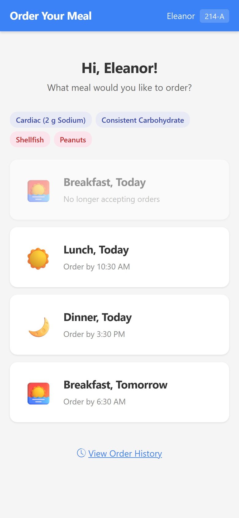 Patient self-order screen on a phone with the patient's diet and allergy tags and meals to choose from.