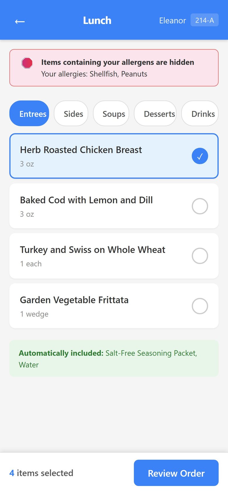 Patient self-order lunch menu on a phone, with a banner saying items containing the patient's allergens are hidden.