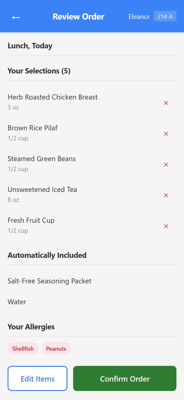 Review Order screen listing the selections with portion sizes and a remove button on each, the items served automatically, the patient's allergy tags, and Edit Items and Confirm Order buttons.